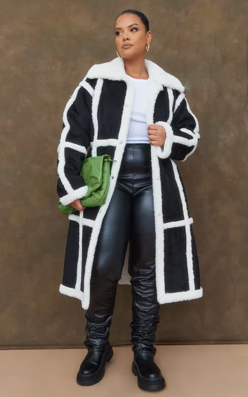 Plus Black Faux Suede Square Borg Panelled Coat sold by Pretty Little Thing