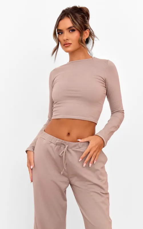 Taupe Cotton Jersey Long Sleeve Crew Neck Top sold by Pretty Little Thing