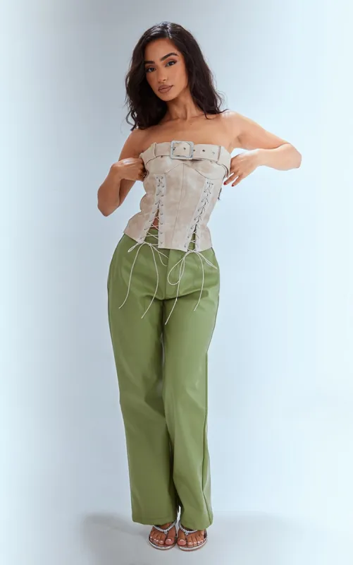 Petite Sage Faux Leather Straight Leg Trousers sold by Pretty Little Thing
