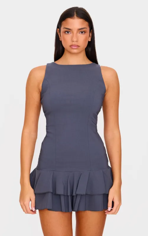 Charcoal Boat Neck Pleated Hem Shift Dress sold by Pretty Little Thing