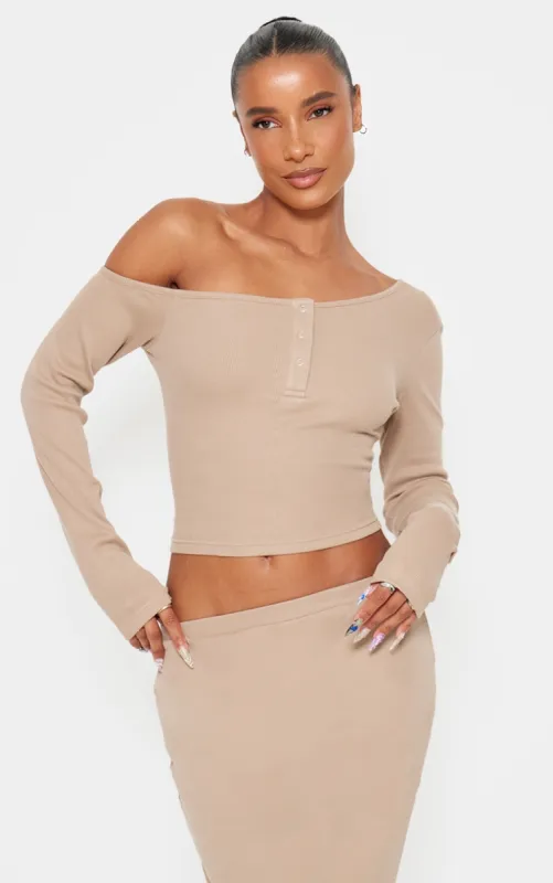 Taupe Asymmetric Neck Rib Long Sleeve Top sold by Pretty Little Thing