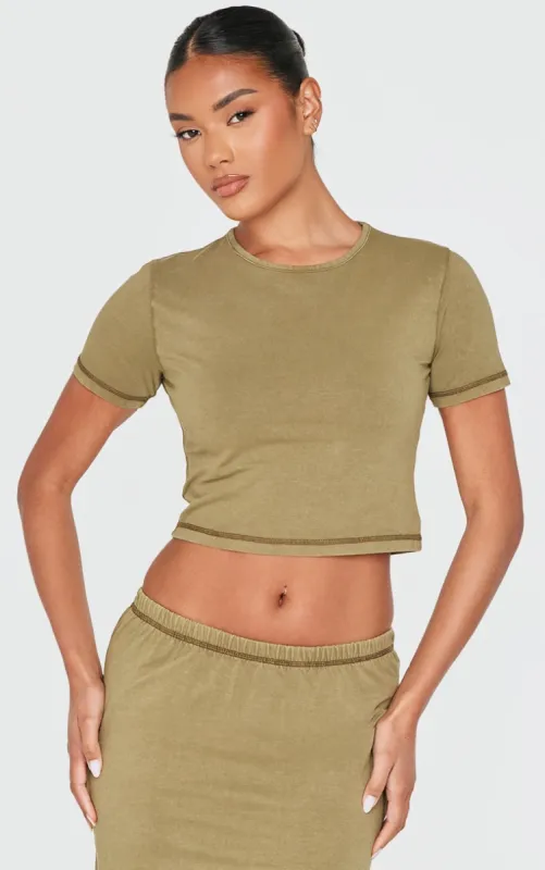 Olive Cotton Washed Crop Top sold by Pretty Little Thing