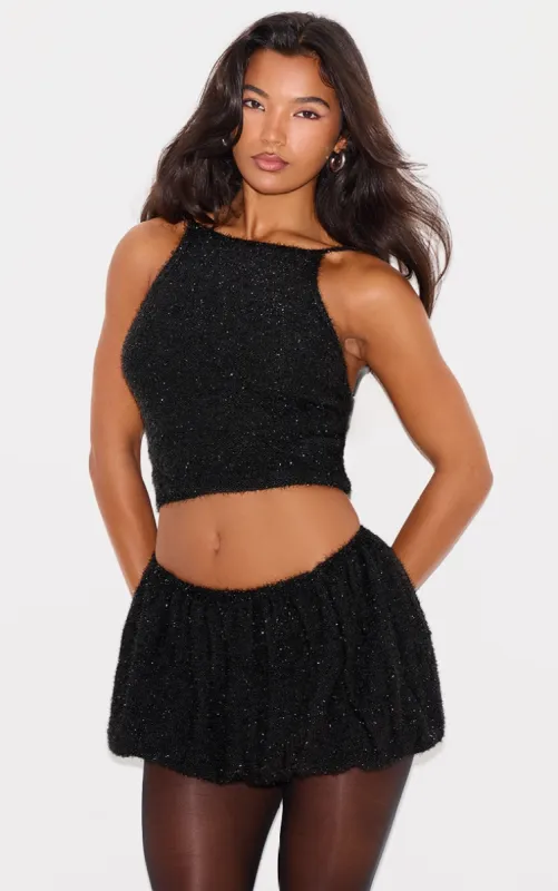 Black Tinsel Knit Detail Cami Crop Top sold by Pretty Little Thing