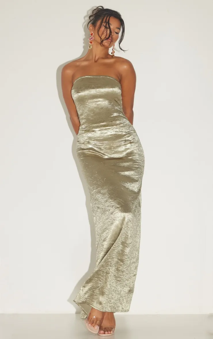 Khaki Textured Satin Cowl Bandeau Maxi Dress sold by Pretty Little Thing