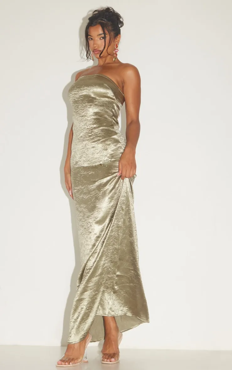 Khaki Textured Satin Cowl Bandeau Maxi Dress sold by Pretty Little Thing product image thumbnail 3