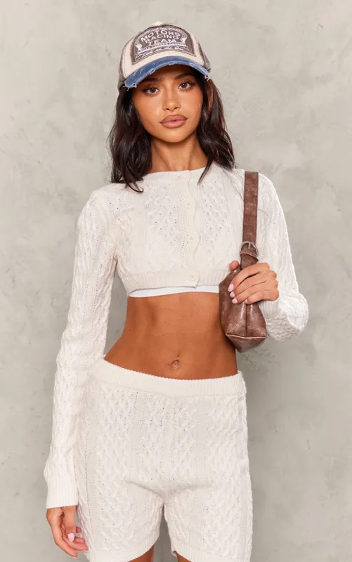 Petite Cream Cable Knit Extreme Cropped Cardigan sold by Pretty Little Thing