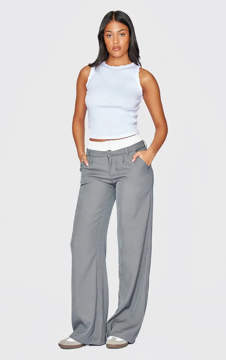 Tall Grey Premium Woven Double Waistband Tailored Trousers sold by Pretty Little Thing