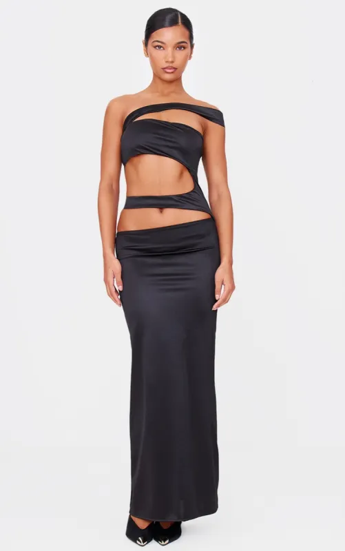 Black Stretch Satin Cut Out Maxi Dress sold by Pretty Little Thing