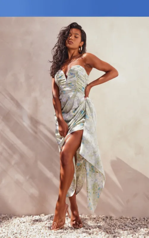 Green Floral Print Satin Ruched Plunge Midaxi Dress sold by Pretty Little Thing