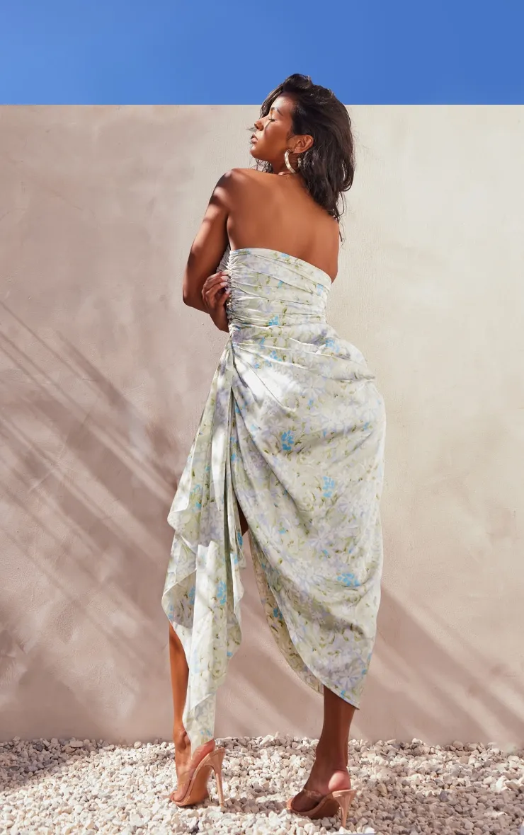 Green Floral Print Satin Ruched Plunge Midaxi Dress sold by Pretty Little Thing product image thumbnail 2