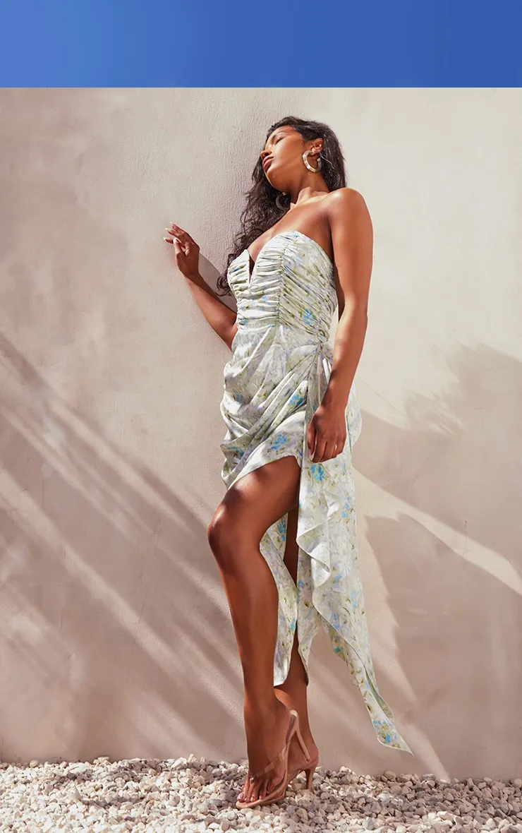 Green Floral Print Satin Ruched Plunge Midaxi Dress sold by Pretty Little Thing product image thumbnail 3