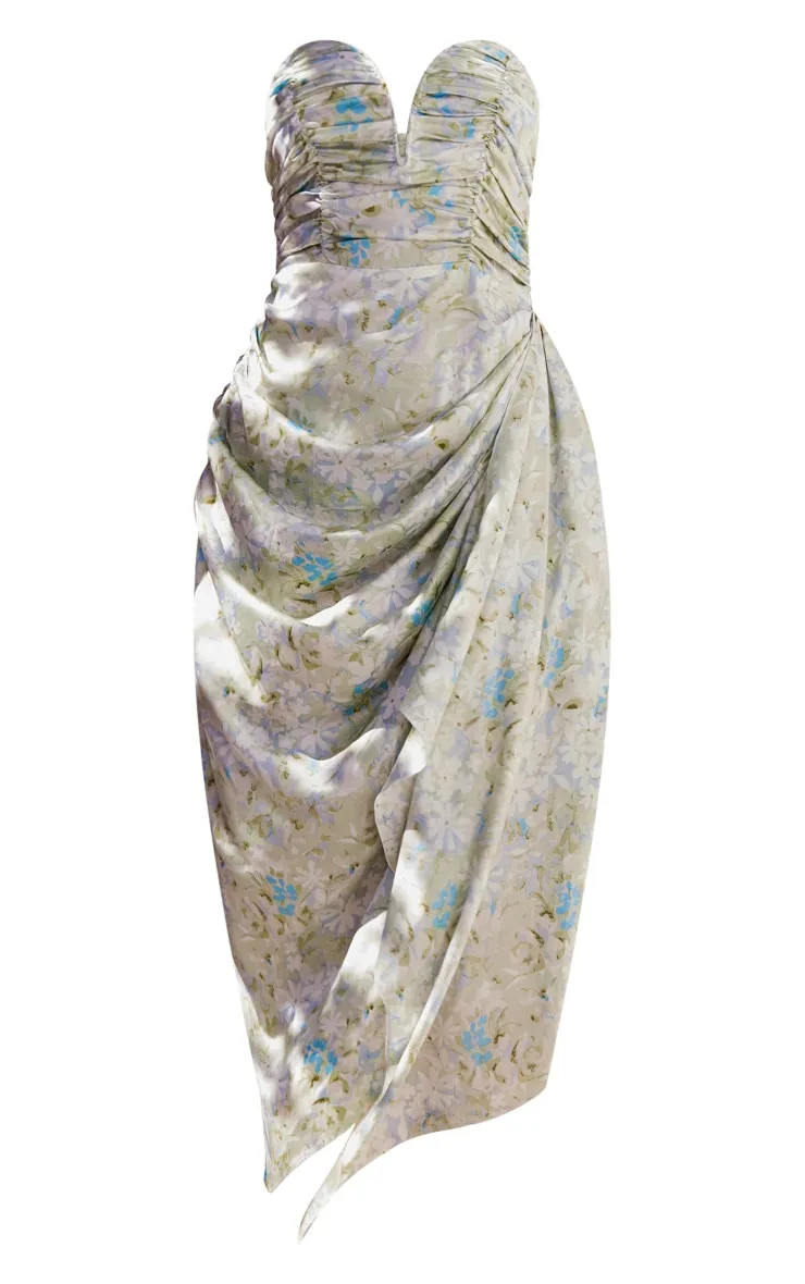 Green Floral Print Satin Ruched Plunge Midaxi Dress sold by Pretty Little Thing product image thumbnail 5