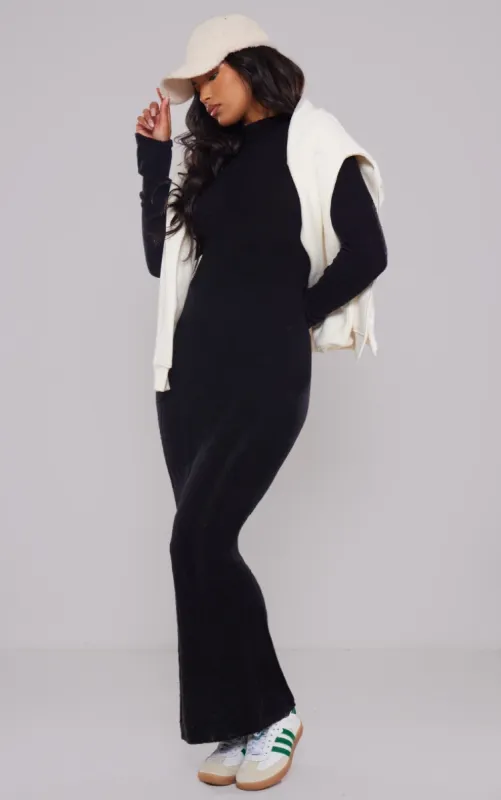 Black Soft Knit Open Back Long Sleeve Maxi Dress sold by Pretty Little Thing