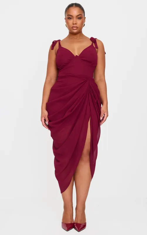  Plus Burgundy Underwire Detail Draped Midi Dress sold by Pretty Little Thing
