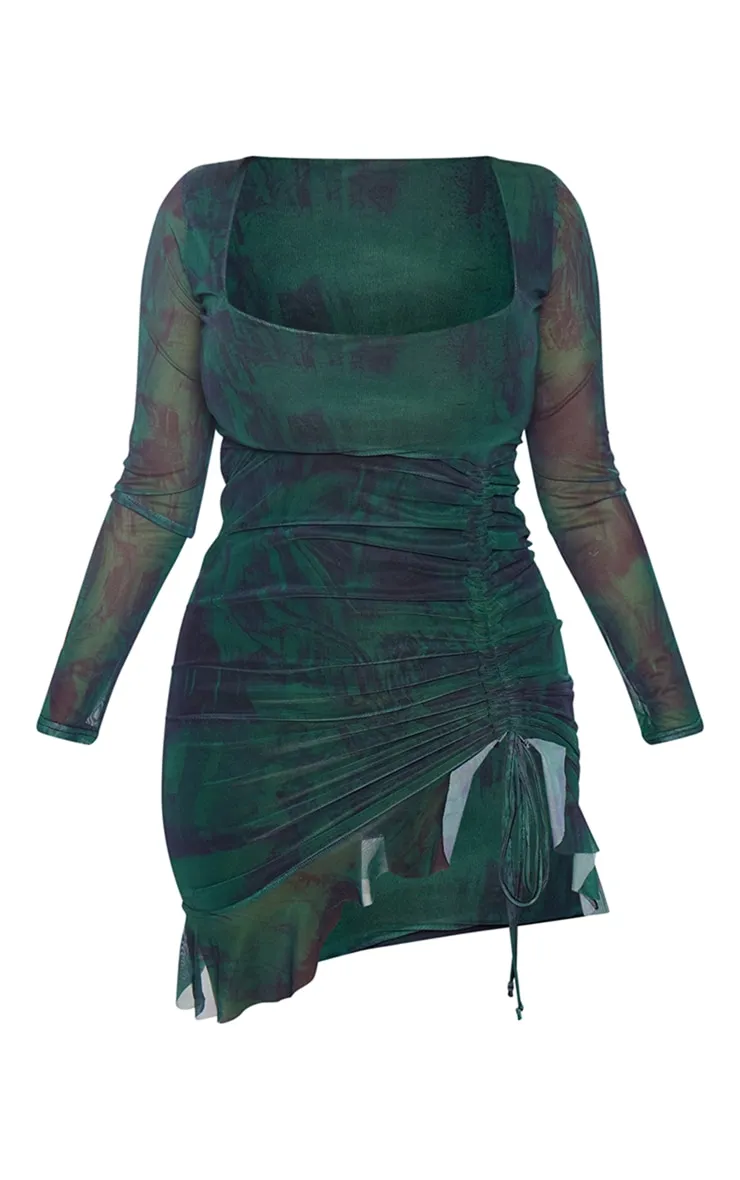Shape Dark Green Mesh Long Sleeve Ruched Side Frill Hem Bodycon Dress sold by Pretty Little Thing product image thumbnail 5