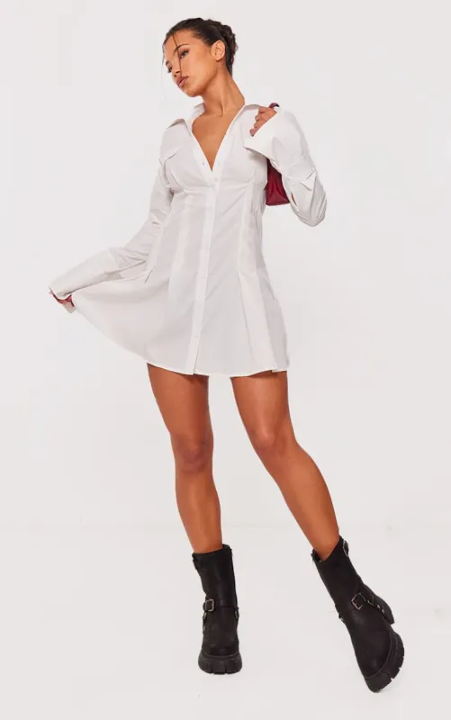 White Cotton Poplin Pleated Flared Sleeve Shirt Dress sold by Pretty Little Thing