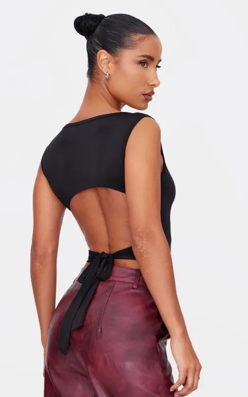 Black Slinky Open Back Tie Detail Long Top sold by Pretty Little Thing