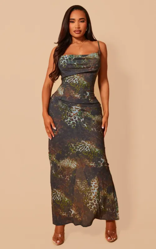 Shape Green Leopard Printed Woven Cowl Neck Maxi Dress sold by Pretty Little Thing