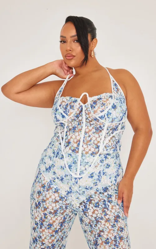 Plus Blue Jacquard Floral Boned Corset Top sold by Pretty Little Thing
