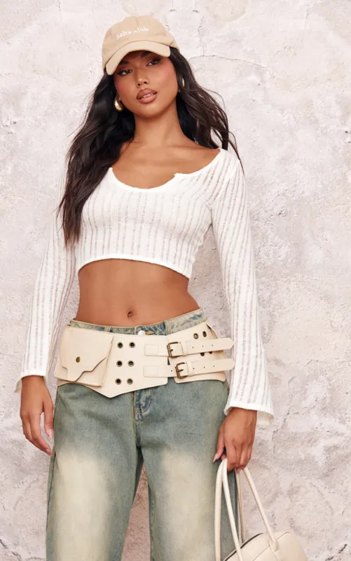 Stone Knit Textured Flare Sleeve Notch Neck Top made by Pretty Little Thing