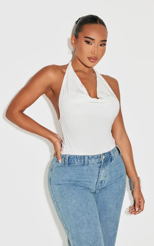 Shape White Halter Cowl Neck Open Back Bodysuit sold by Pretty Little Thing