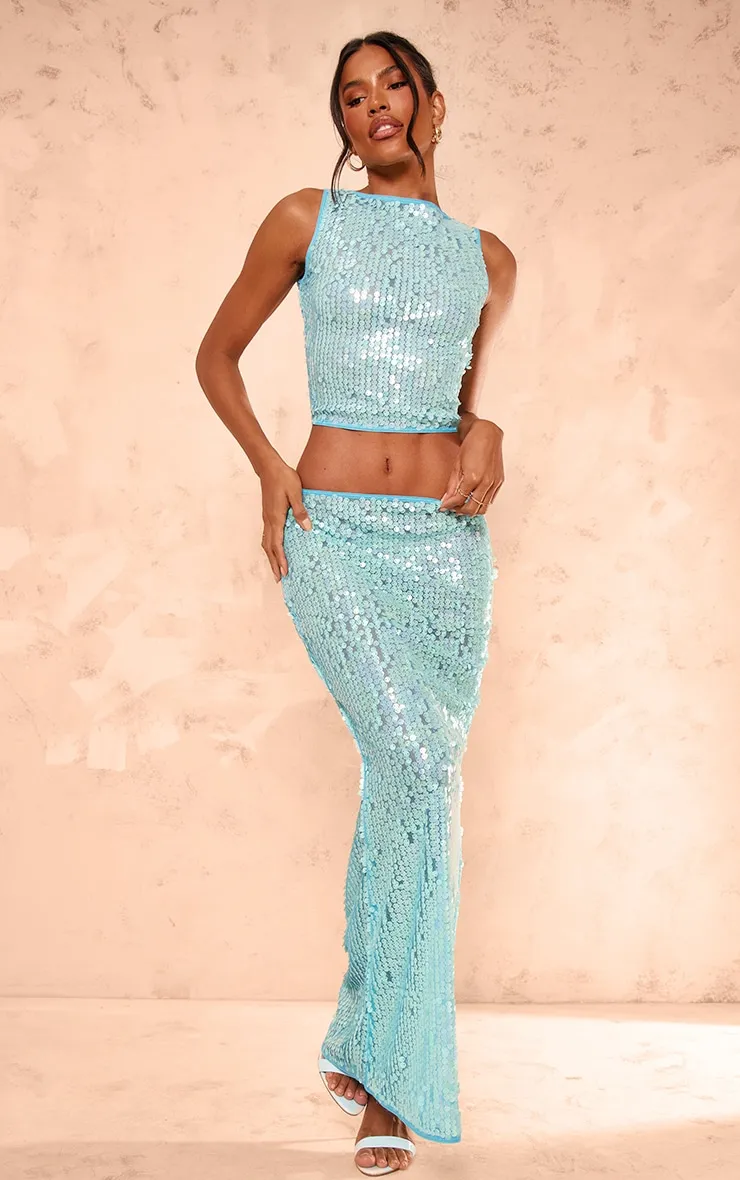 Blue Sequin Low Rise Maxi Skirt sold by Pretty Little Thing