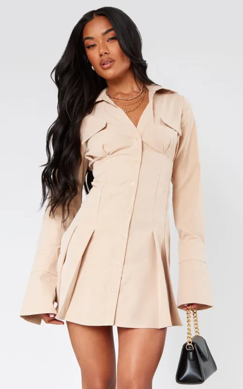 Stone Cotton Poplin Pleated Flared Sleeve Shirt Dress sold by Pretty Little Thing