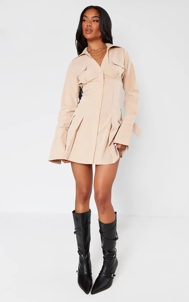 Stone Cotton Poplin Pleated Flared Sleeve Shirt Dress sold by Pretty Little Thing product image thumbnail 3