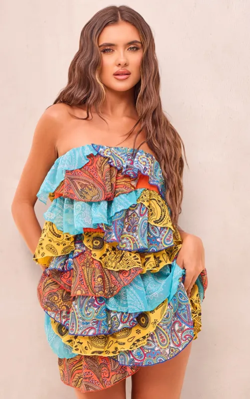 Multi Patchwork Paisley Print Tiered Mini Dress sold by Pretty Little Thing