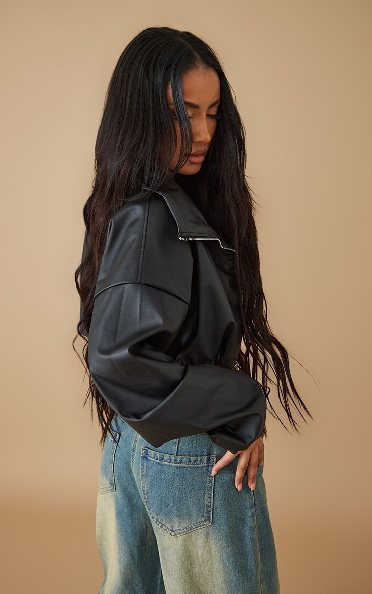 Black Basic Ruched Hem Cropped Faux Leather Jacket sold by Pretty Little Thing product image thumbnail 2