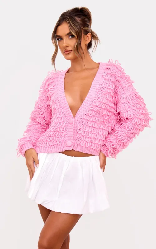 Pink Loop Knit V Neck Button Up Cardigan sold by Pretty Little Thing