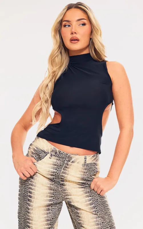 Black Slinky Lace Up Back Trim Detail High Neck Top sold by Pretty Little Thing