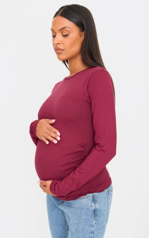 Maternity Burgundy Crew Neck Long Sleeve Fitted Top sold by Pretty Little Thing