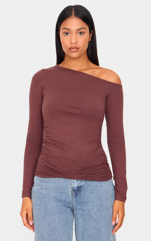 Tall Chocolate Asymmetric Ruched Long Sleeve Top sold by Pretty Little Thing