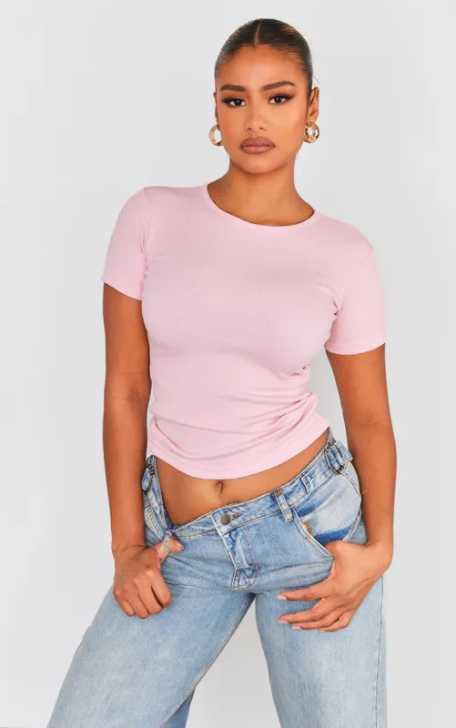 Pink Ribbed Short Sleeve T Shirt sold by Pretty Little Thing
