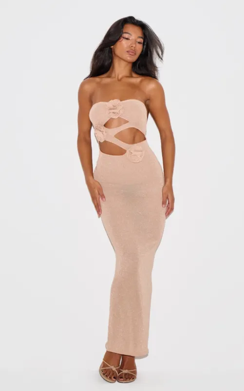 Champagne Sheer Glitter Knit Cut Out Corsage Bandeau Maxi Dress sold by Pretty Little Thing