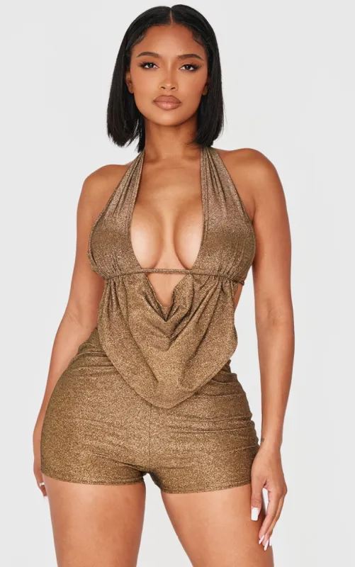 Shape Gold Glitter Lurex Halter Neck Cowl Neck Top sold by Pretty Little Thing