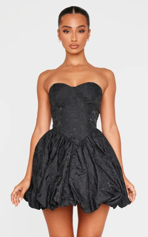 Petite Black Bandeau Jacquard Puffball Mini Dress sold by Pretty Little Thing