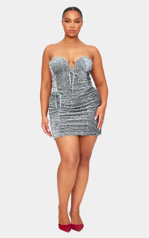 Plus Grey Sweetheart Neckline Velour Sequin Mini Dress sold by Pretty Little Thing