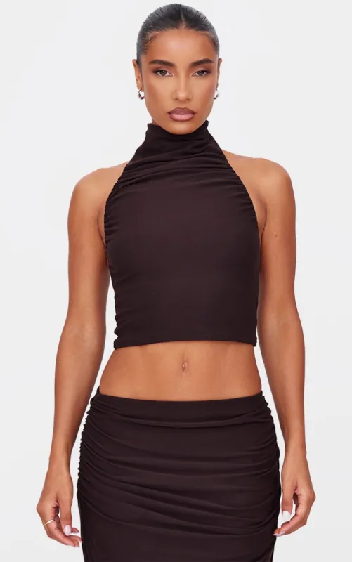 Chocolate Soft Touch Ruched Halter Crop Top sold by Pretty Little Thing
