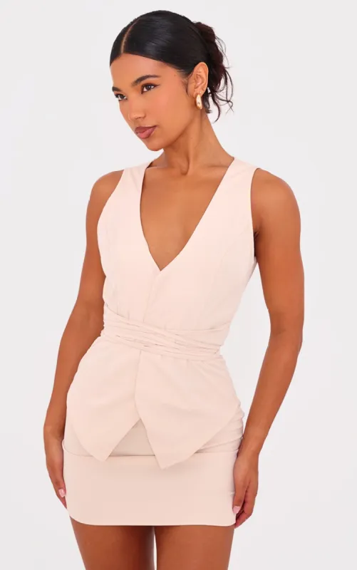 Cream Tie Wrap Waist Waistcoat Mini Dress made by Pretty Little Thing