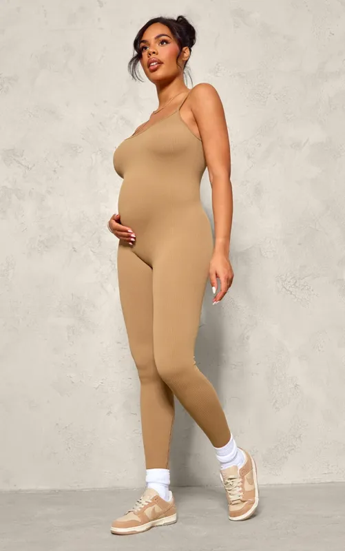 Maternity Brown Strappy Contour Ribbed Jumpsuit sold by Pretty Little Thing