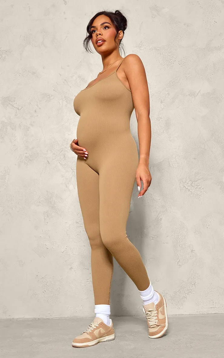 Maternity Brown Strappy Contour Ribbed Jumpsuit sold by Pretty Little Thing