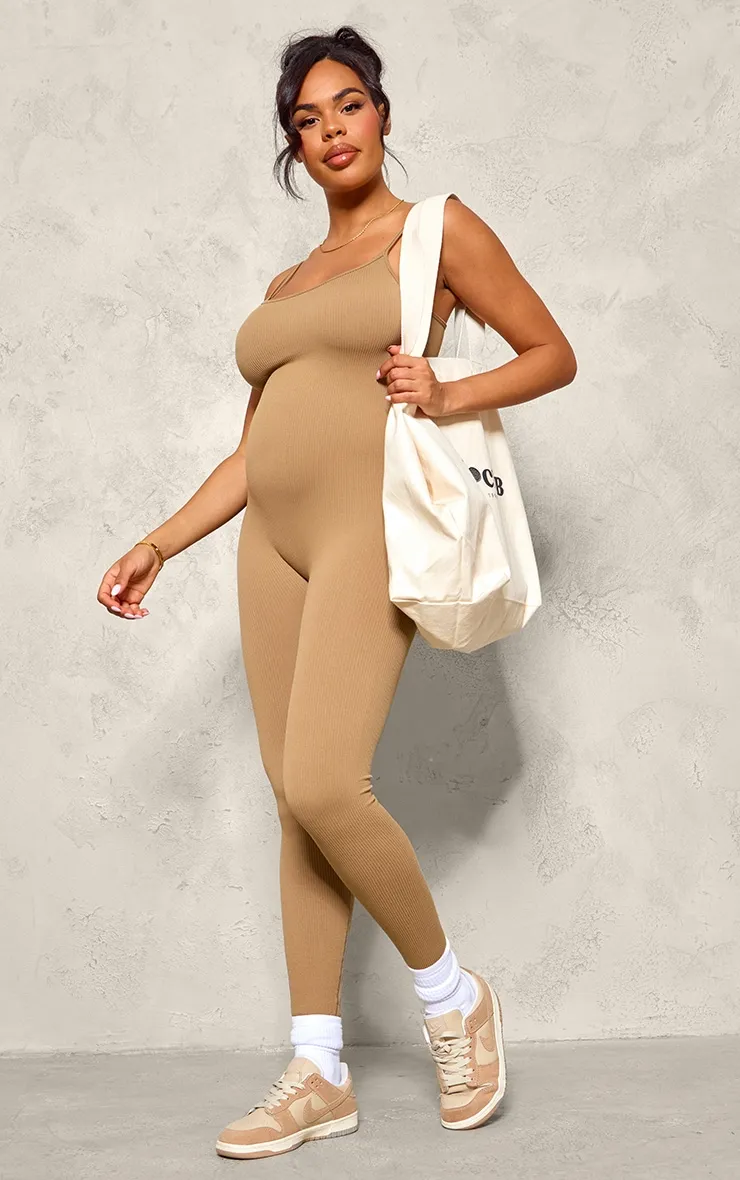 Maternity Brown Strappy Contour Ribbed Jumpsuit sold by Pretty Little Thing product image thumbnail 3