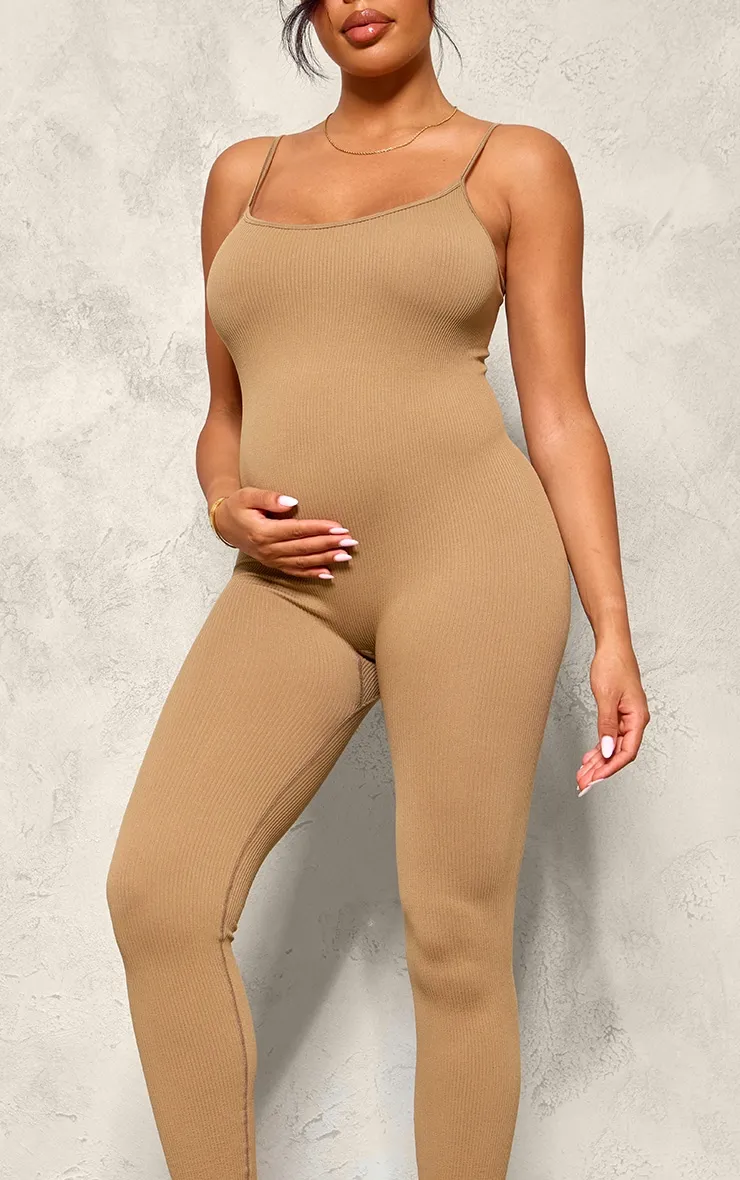 Maternity Brown Strappy Contour Ribbed Jumpsuit sold by Pretty Little Thing product image thumbnail 4