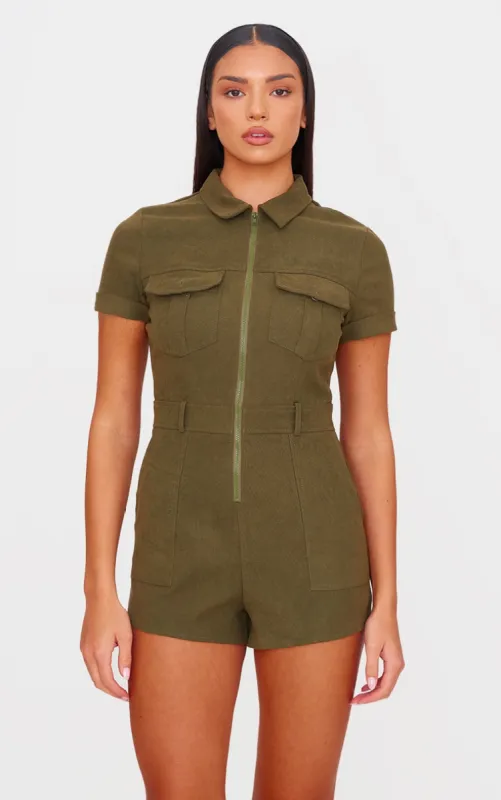 Khaki Soft Tailored Utility Detail Playsuit sold by Pretty Little Thing