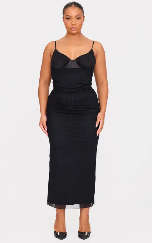 Plus Black Ruched Corset Underlay Maxi Dress sold by Pretty Little Thing
