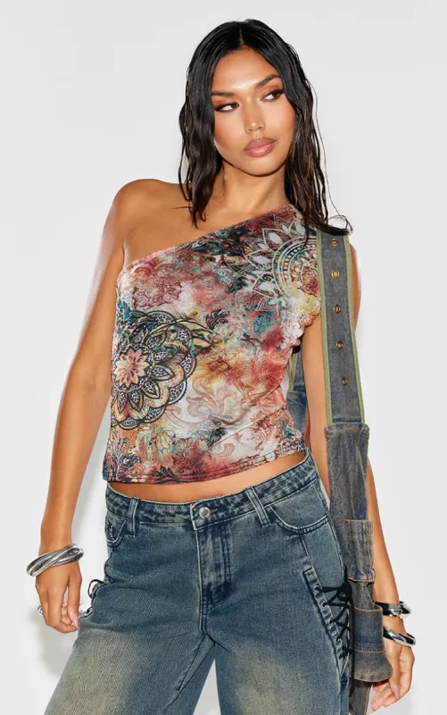 Multi Paisley Printed Asymmetric Mesh Top sold by Pretty Little Thing