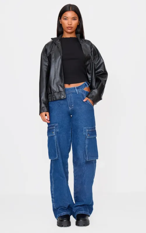 Indigo Cut Out Asymmetric Waistband Cargo Jeans sold by Pretty Little Thing