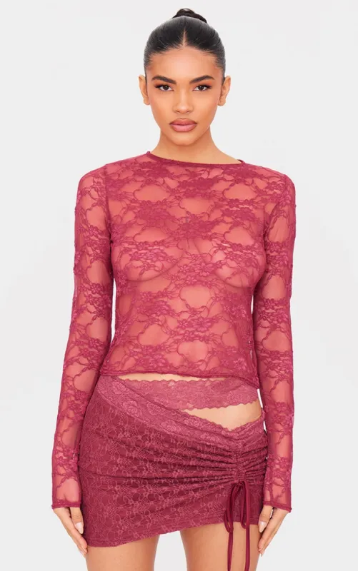 Burgundy Lace Long Sleeve Top sold by Pretty Little Thing